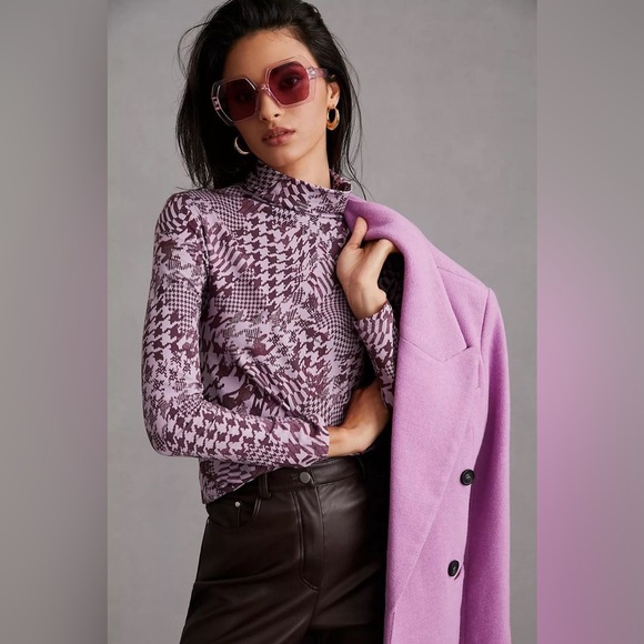 Maeve Tops - Anthropologie Maeve Purple Houndstooth Long Sleeve Turtleneck Top NWT Women’s M
